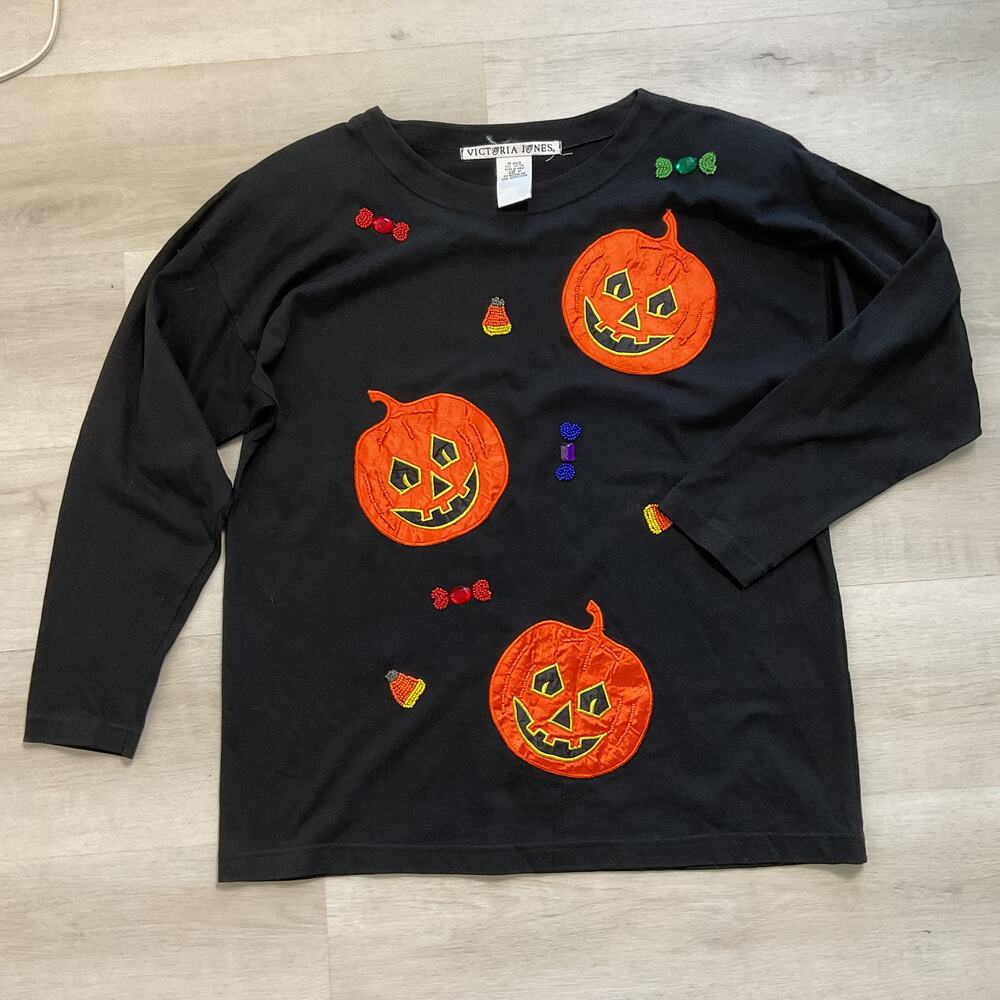 Victoria Jones Womens Hand Beaded Vintage Style Halloween Sweater Black Medium